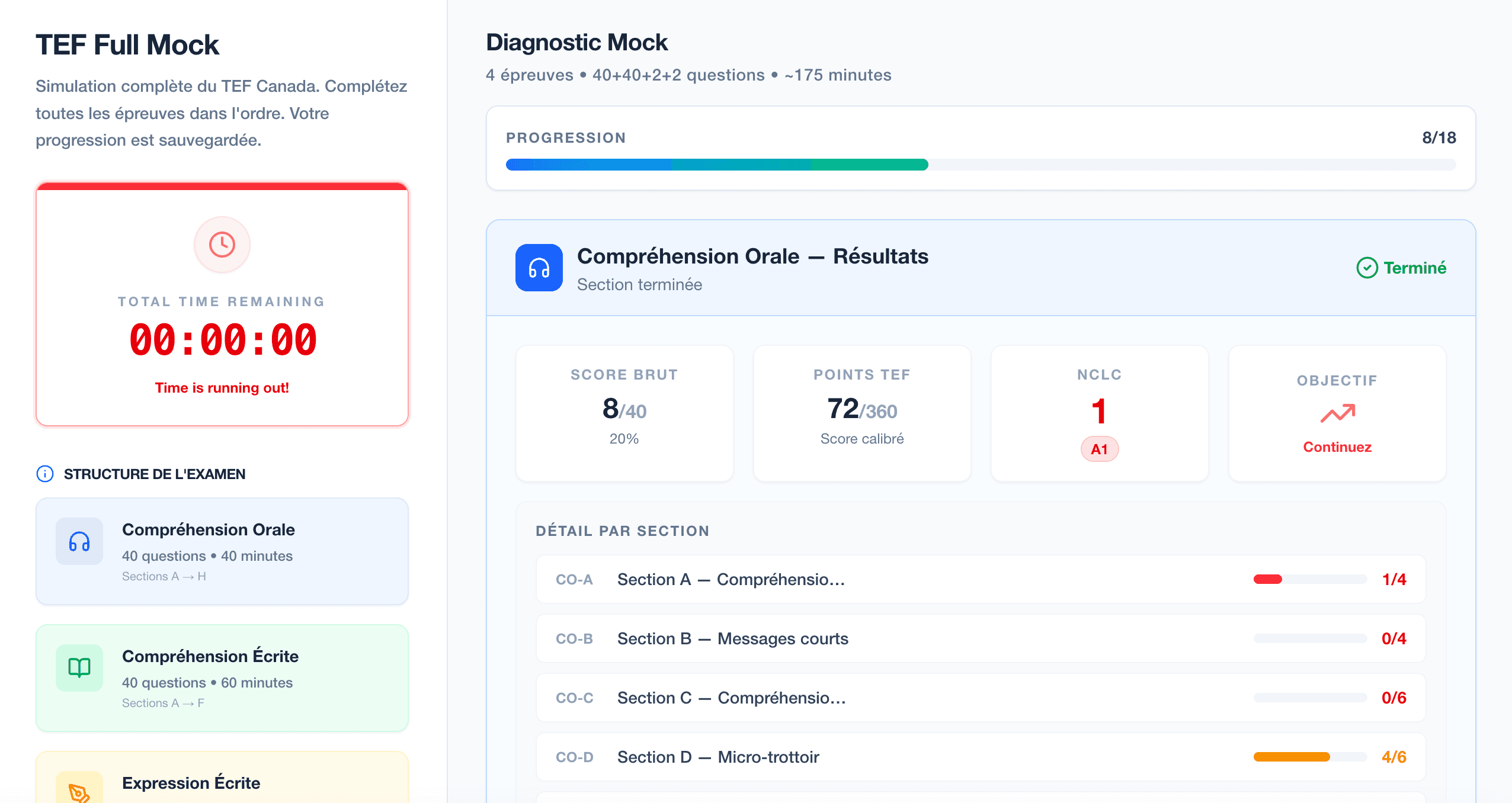 TCF Mock Exam Interface Screenshot